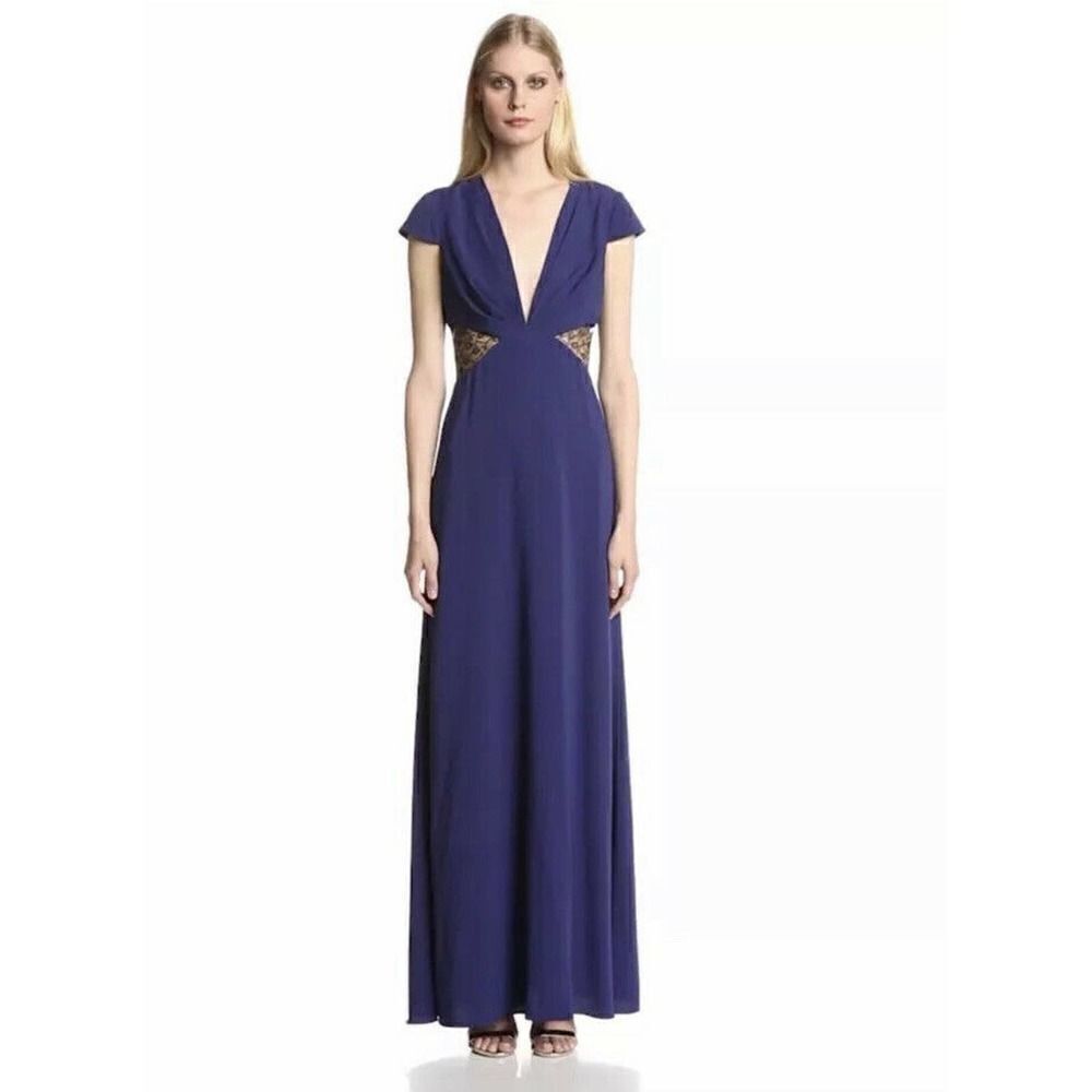 Jill Jill stuart blue lace cutout vneck plunge maxi bodycon gown dress size 0 XS